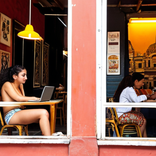 Home 15 A bustling, vibrant cafe in Mexico City's Roma Norte district, where a young digital nomad sits with a laptop, immersed in work. Sunlight filters through large windows, illuminating stylish colonial architecture outside. The scene should convey a blend of focused productivity, a lively urban atmosphere with diverse people, and the aesthetic charm of the neighborhood, perhaps with subtle hints of Mexican culture like a unique coffee cup or street art.