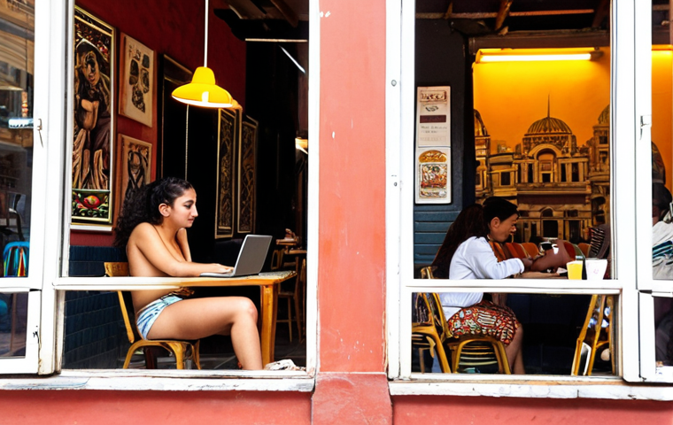 A bustling, vibrant cafe in Mexico City's Roma Norte district, where a young digital nomad sits with a laptop, immersed in work. Sunlight filters through large windows, illuminating stylish colonial architecture outside. The scene should convey a blend of focused productivity, a lively urban atmosphere with diverse people, and the aesthetic charm of the neighborhood, perhaps with subtle hints of Mexican culture like a unique coffee cup or street art.