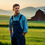A focused male farmer, fully clothed in modest, practical work attire, stands thoughtfully in the golden light of dawn outside a rustic wooden barn. The background shows a peaceful rural landscape with green pastures and distant, hazy hills. Professional photography, high-resolution, sharp focus, natural lighting, realistic rendering, perfect anatomy, correct proportions, natural pose, well-formed hands, proper finger count, natural body proportions, safe for work, appropriate content, fully clothed, modest, family-friendly.