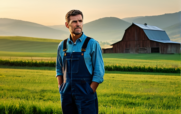 A focused male farmer, fully clothed in modest, practical work attire, stands thoughtfully in the golden light of dawn outside a rustic wooden barn. The background shows a peaceful rural landscape with green pastures and distant, hazy hills. Professional photography, high-resolution, sharp focus, natural lighting, realistic rendering, perfect anatomy, correct proportions, natural pose, well-formed hands, proper finger count, natural body proportions, safe for work, appropriate content, fully clothed, modest, family-friendly.